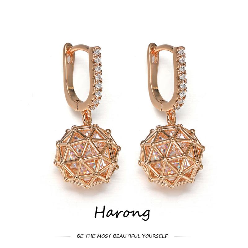 

Dangle & Chandelier Harong Copper Cage Earrings Trendy Geometric Sphere Shiny Bright Crystal Drop For Women Girls Valentine's Day GiftsD