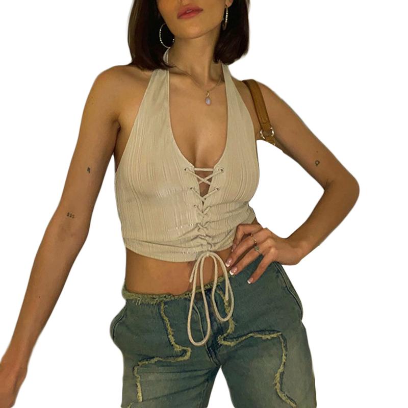 

Women' Tanks & Camis Women Summer Crop Tops Sleeveless Solid Color Halter Neck Bandage Tie Up Chest Shirt CamisoleWomen, Beige