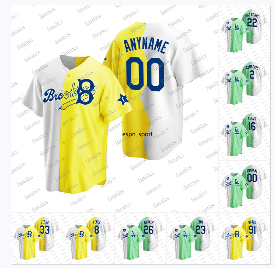 

Dodgers 2022 All-Star The Miz Celebrity Softball Game Split Jersey Baseball Jojo Siwa Shawn Green Nice Quavo Andre Ethier Bad Bunny Bryan Cranston Simu Liu Joel McHale, Nik logo as picture