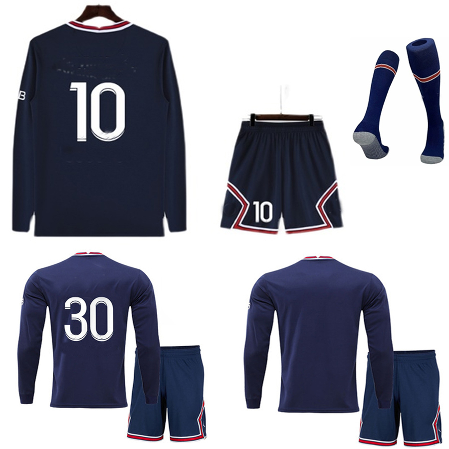

21 22 23 Soccer Jersey Maillot De Foot HAKIMI RAMOS MBAPPE Shirt Men Kids Hommes Enfants VERRATTI MARQUINHOS KIMPEMBE Icardi di Maria Football Kit Socks Uniform PsGs, 2022 blue long sleeve hone kit + socks