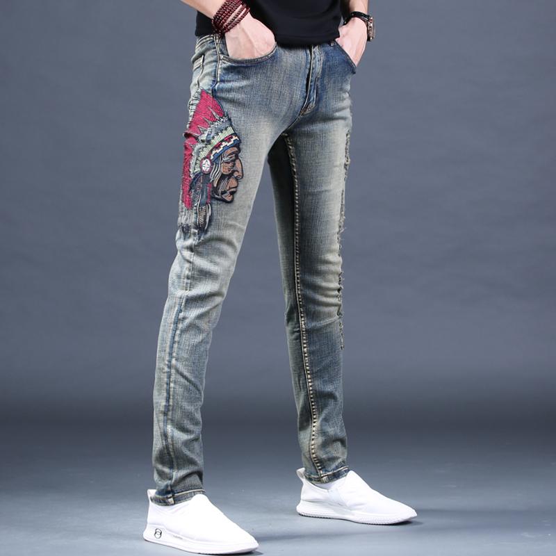 

Men's Jeans Men's Male Denim Hole Embroidery Brand Korean Casual Slim Feet Pants Printing Trend Summer Thin TrousersMen's, As pic
