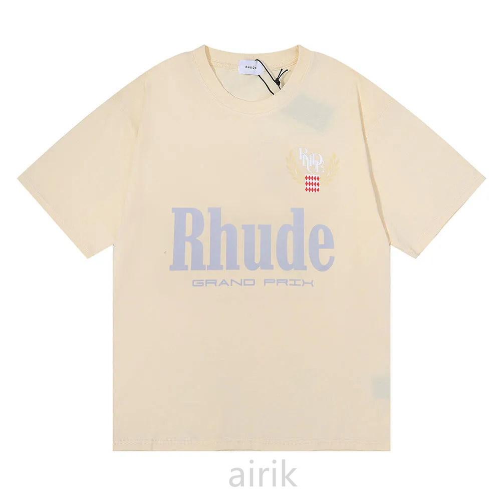 

Designer RHUDE Men' T-Shirts loose short-sleeved T-shirt male and female students American fashion brand Grand Prix double yarn cotton, Beige