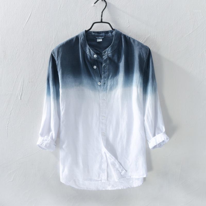 

Men's Gradient Print Stand Collar Long Sleeve Shirt Blue Black Full Linen Summer Casual Shirts Men Breathable For 2022
