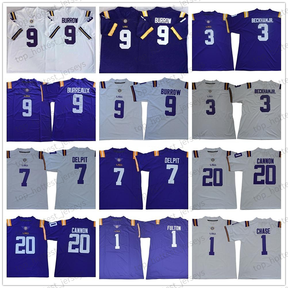 

9 Burrow NCAA LSU Tigers 9 Joe Burrow Burreaux Odell 3 Beckham Jr. Grant Delpit Leonard Chase 7 Tyrann Mathieu College Football Men Purple Jersey Men's T-shirt uniform, As