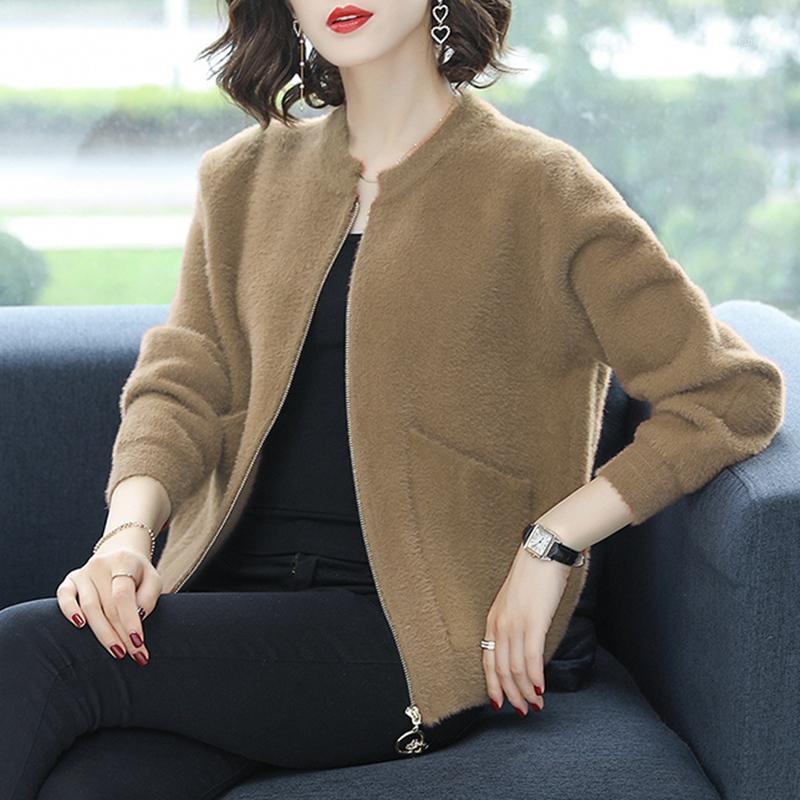 

Women's Jackets Elegant Imitation Mink Wool Slim Short Coat Women Fashion Casual Knitted Cardigan Jackt Ladies Winter Zip-up Outwear Clothes, Coffee