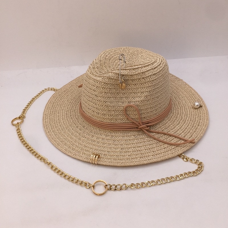 

202105-nao-chain new summer paper pin gold color chain fedoras cap women leisure panama jazz hat, Beige