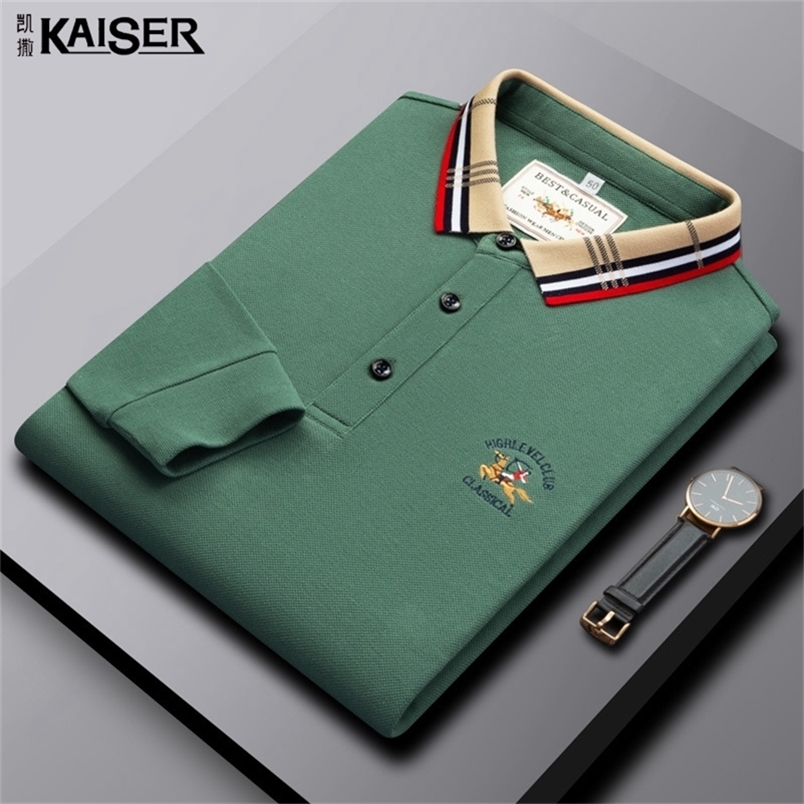 

Caesars Men's Fall Spot Slit Solid Color Long Sleeve Embroidery Fitted Fashion Business Men's Polo Shirt - 220402