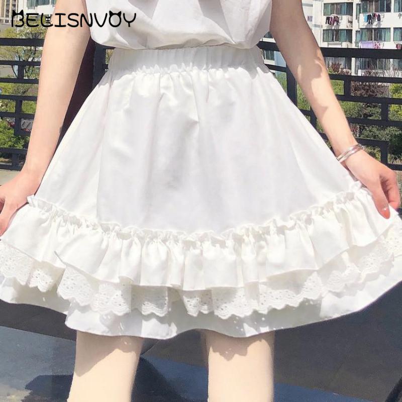 

Skirts Japanese Gothic A Line Skirt College Style Kawaii Sweet Girl Lace Ruffle Solid Cute Mini Y2k High Waist Pleated, Black