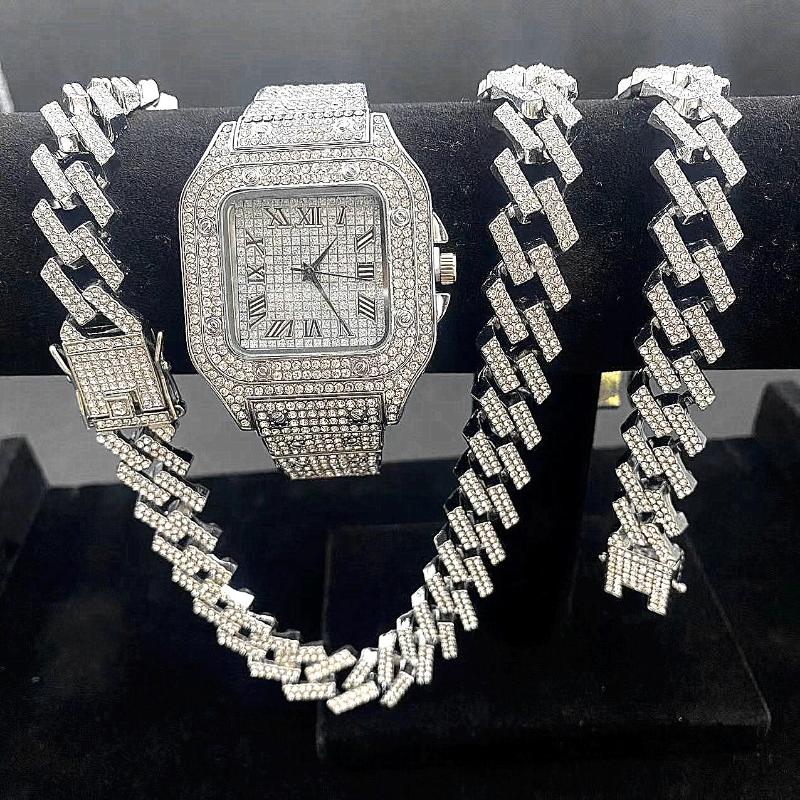 

Wristwatches 3PCS Iced Out Watches For Men Gold Watch Quartz 15mm Cuban Link Chains Bracelet + Necklaces Diamond Jewelry Man Reloj, Sliver zf 3pcs