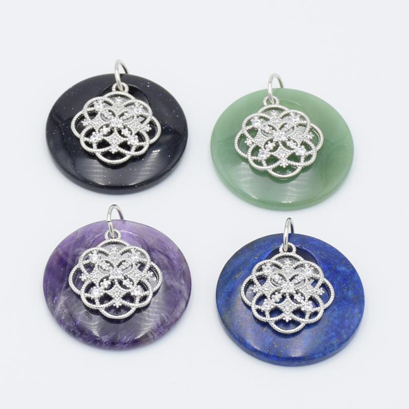 

Pendant Necklaces 40x40mm Natural Stone Hollow Round Necklace Pendants Cubic Zirconia Flower Charm Tiger Eye Lapis Lazuli Reiki Crystal Jewe