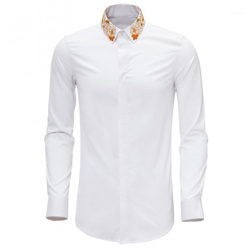 

Men Shirt Luxury Gold Flower Embroidery Long Sleeve Mens Dress Shirts Casual Plus Size Party Wedding Man Men's, Black