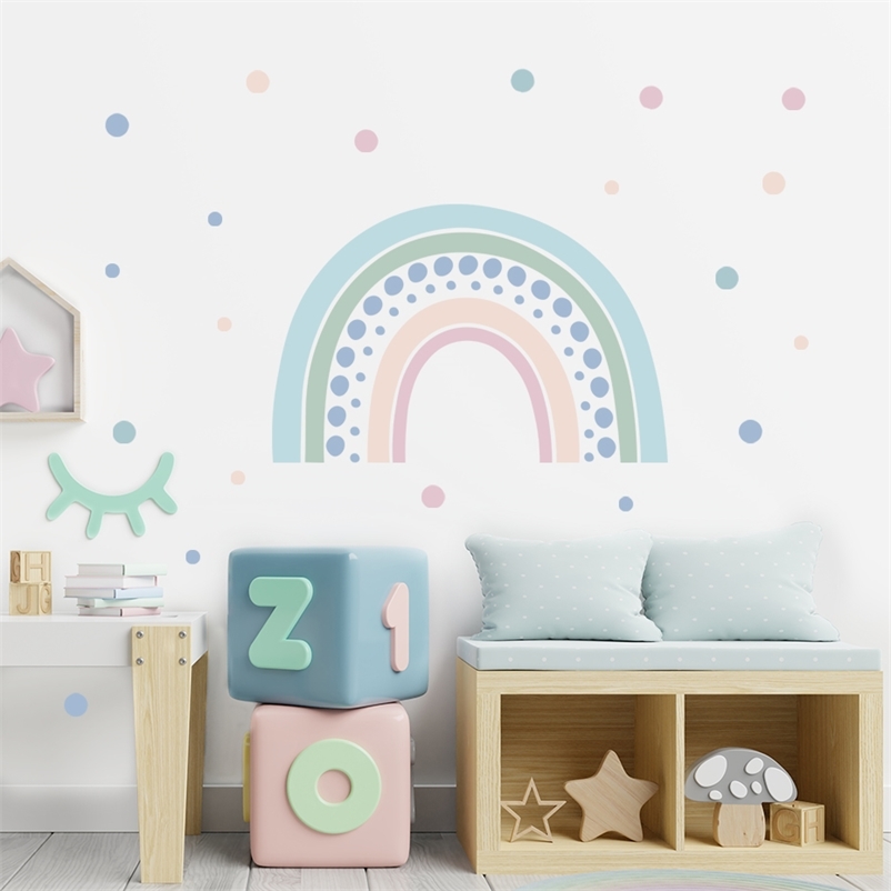 

Cartoon Rainbow Polka Dot Clouds Stars Wall Stickers Removable Nursery Wall Decals Art Posters Girls Room Interior Home Decor 220613