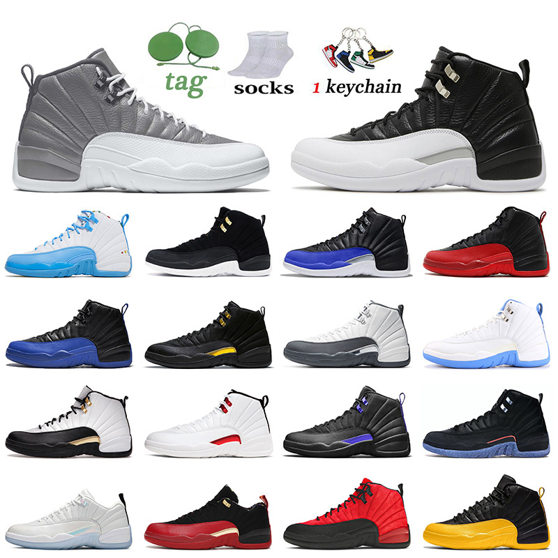 

With Socks 2022 Stealth 12s Playoffs Jumpman 12 Basketball Shoes Utility Reverse Flu Game Dark Concord University Gold Hyper Royal Outdoor Sports Trainers Sneakers, D44 midnight black 40-47