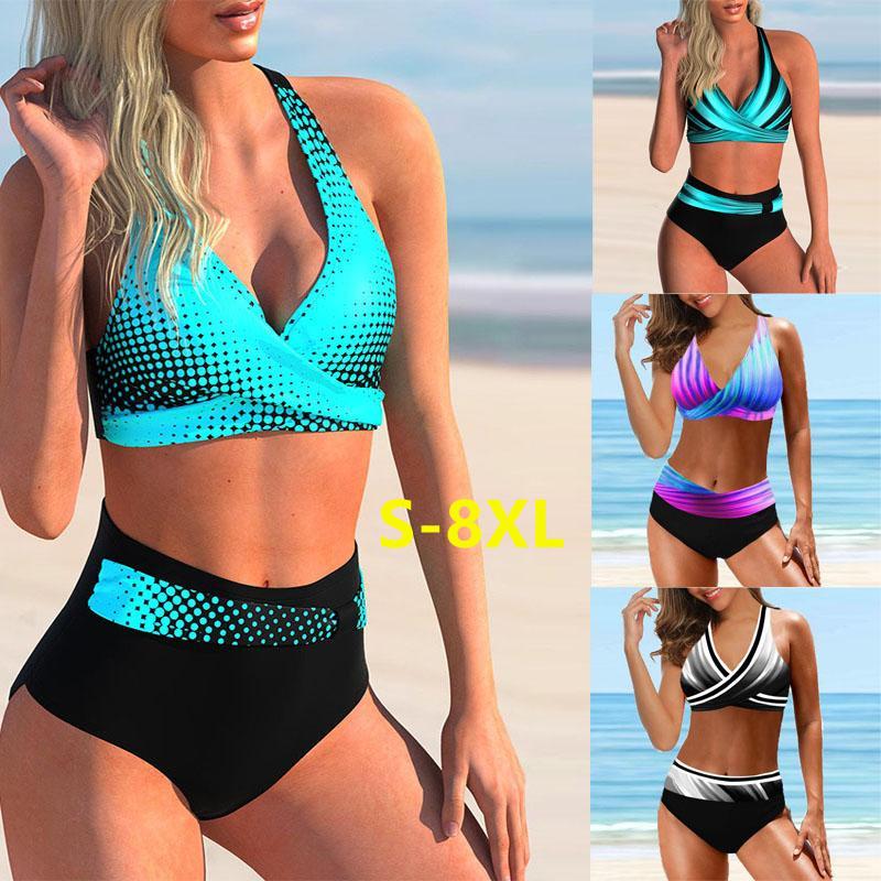 

Women' Swimwear 2022 Swimsuit Sexy Plus Size High Waist Printed Women Bikini Set Beachwear Push Up Bathing Suit Female Two Piece, Black