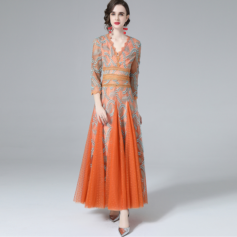 

Women' Runway Dress Sexy V Neck Embroidery Patchwork Layered Elegant Designer Party Prom Gown Vestidos, Orange