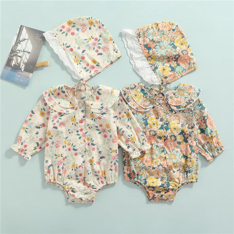 Jumpsuits 0-18m Baby Girls Rompers Floral Printed Pattern Long Sleeve Romper And Cap Beige Yellow Print Summer For-image-760897812