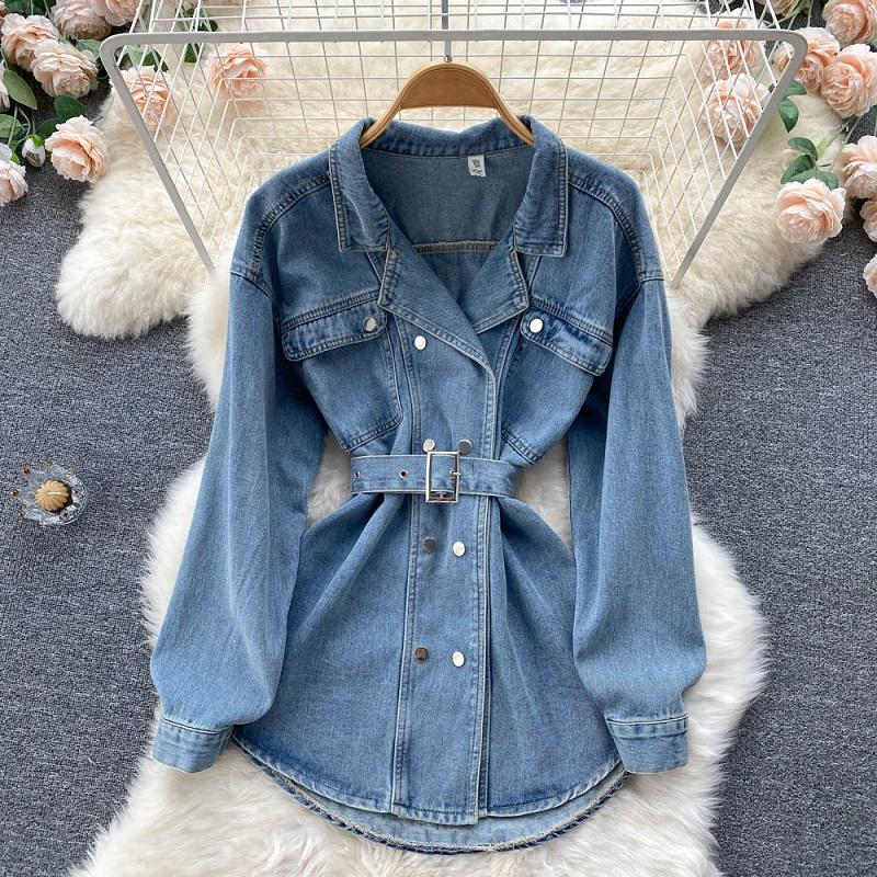

Women's Blouses & Shirts Autumn 2022 Item Denim Blouse Female Retro Double-breasted Slim Blusa All-match Shirt Long-sleeved KK1619, Blue
