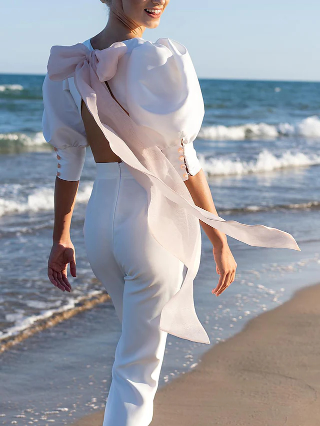 

Elegant Two Pieces Wedding Dress Pants Suit Beach Wedding Dresses With Button Puff Short Sleeve Simples Sexy Open Back Bridal Reception Gowns, Blue