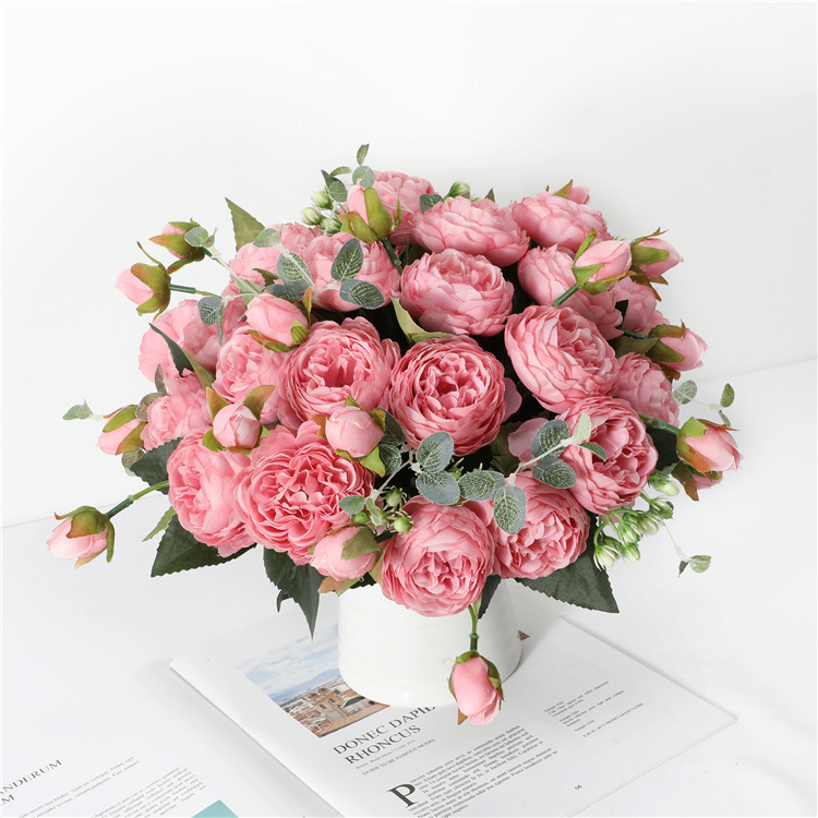 

30cm Rose Pink Silk Peony Artificial Flowers Bouquet 5 Big Head and 4 Bud Fake Flowers for Home Wedding Decoration indoor, Customize