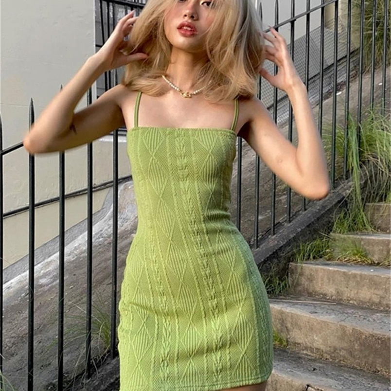 

Cute Summer Fashion Elegant Strap Mini Dress Women Solid Green Knit Casual Streetwear Stretch Slim Office Female Dresses 220613