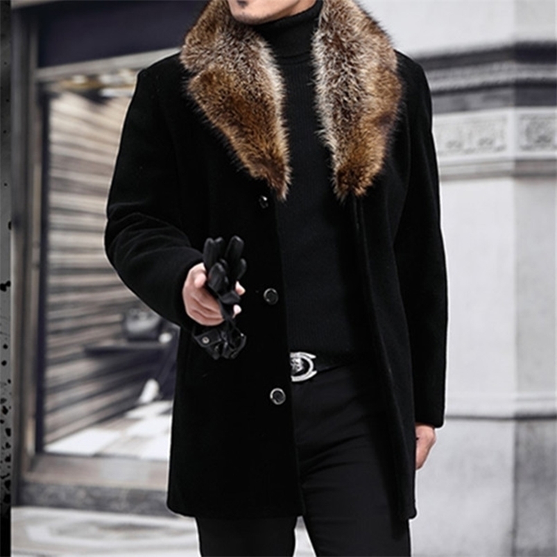 Hiver hommes long manteau de laine col de fourrure chaud mâle solide mince décontracté coupe-vent veste automne mode top vêtements d'extérieur pl