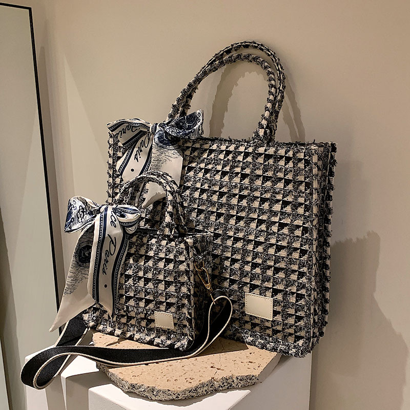 

Plaid Tote Bag Handbag Canvas Large Capacity, Black