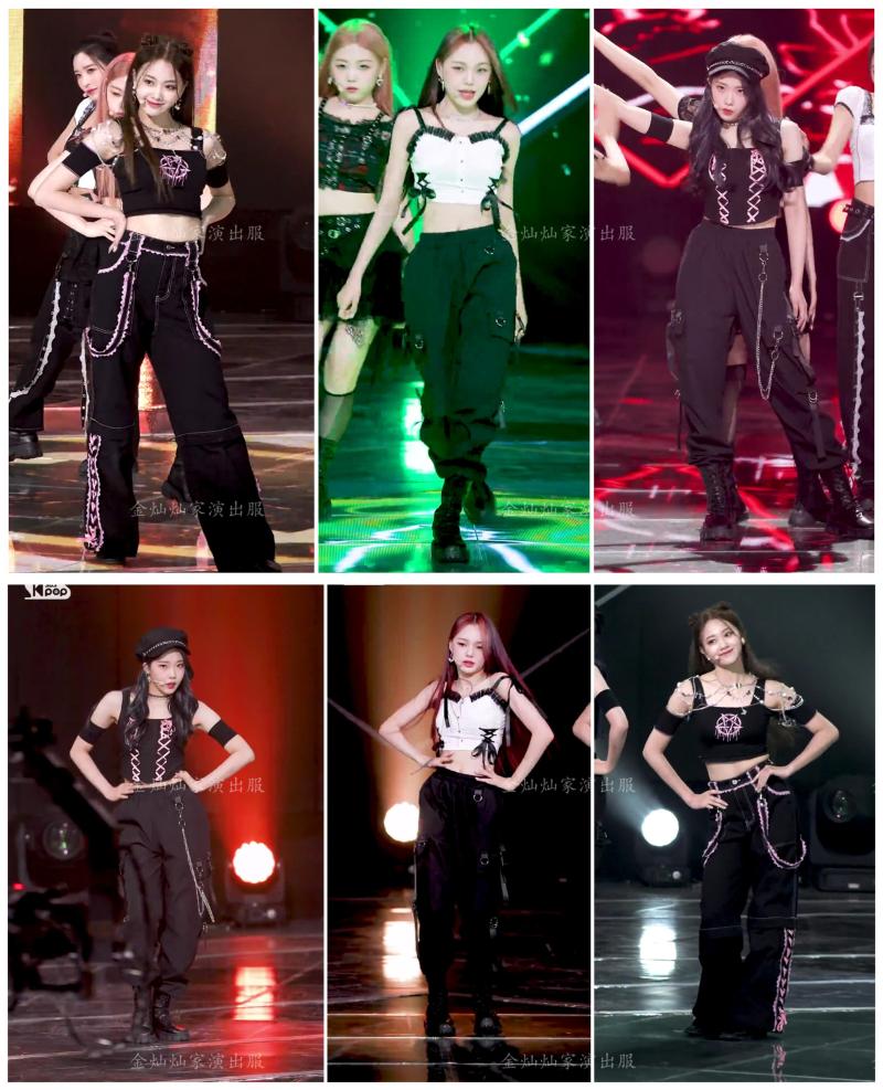 

Women's Two Piece Pants Kpop Korea Girl Group Jazz Dance Black Wide Leg High Waist Straight Cargo Slim Strapless Sling Vest Tops Women 2 Set, 1sets