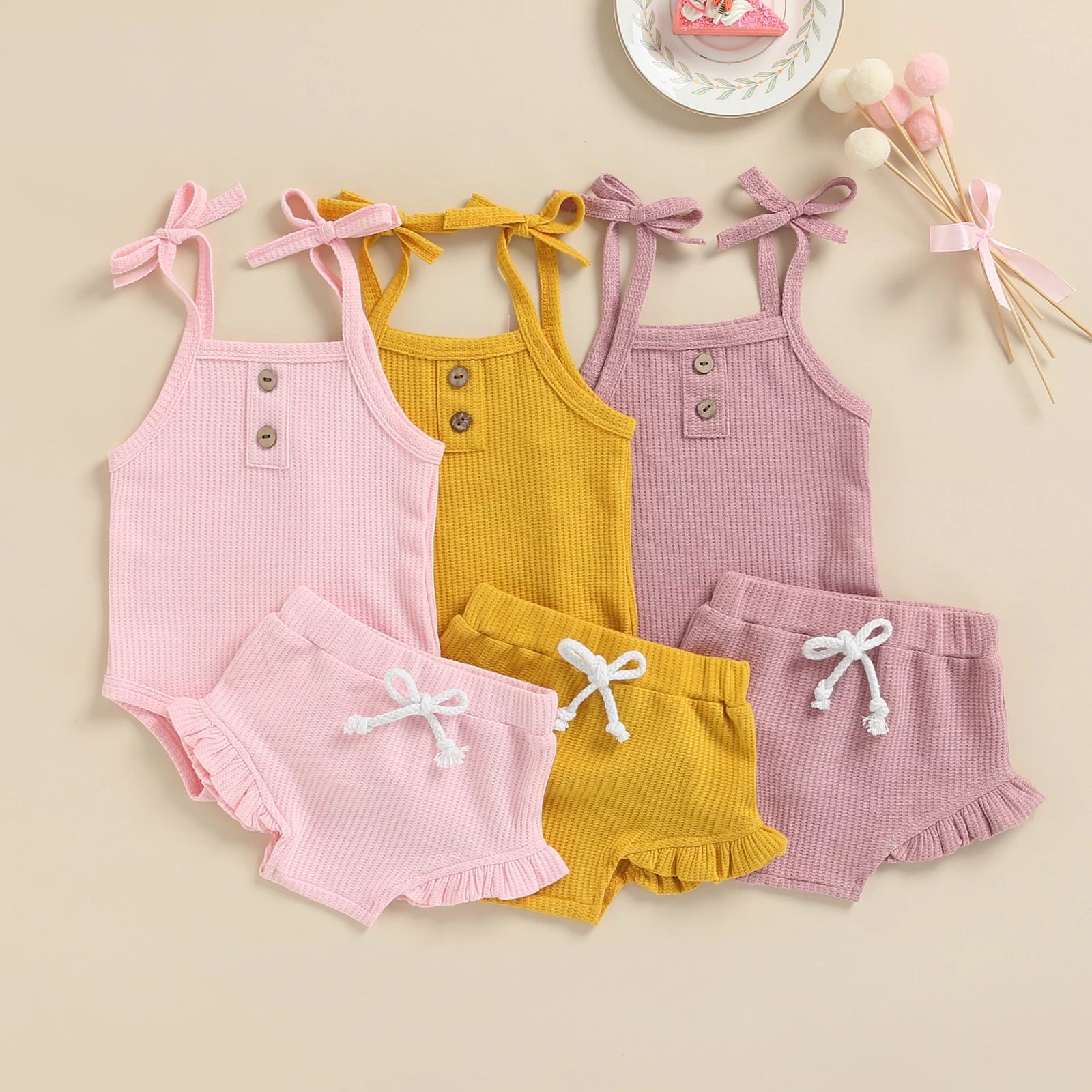 

Girls Designer Clothes Kids Summer Waffle Clothing Sets Solid Suspenders Onesies Triangle Pants Suits Casual Boutique Rompers Briefs Outfits B8106