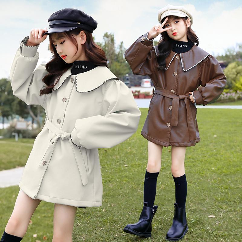 

Coat Korean Kids Trench Coats Winter Solid Color Soft PU Leather Jacket For Teen Girls Outfits Teens 6 8 10 12 13 Years, Ivory