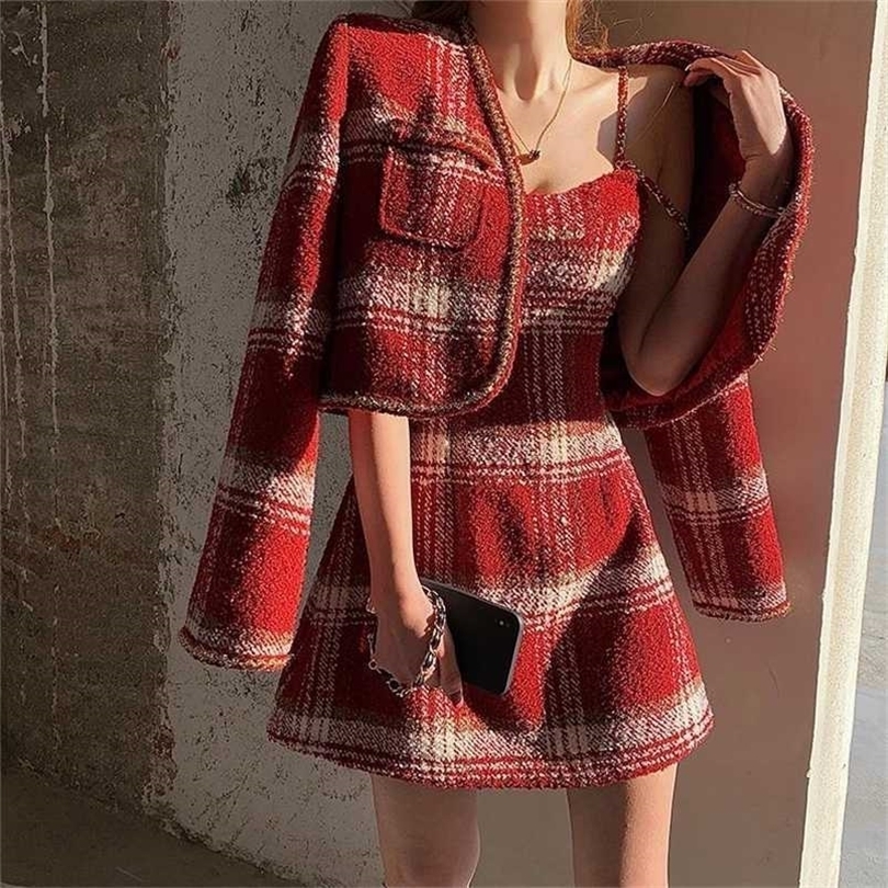 

Winter Female Chic Woolen TwoPiece Sets Christmas Red Hepburn Style Jacket Plaid Suspender Dress Suits 211109