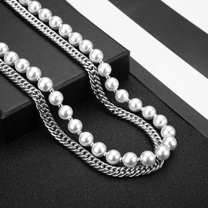 

Chokers Individuality Pearl Beaded And Titanium Steel Link Chain Necklace Trend Hiphop Double-Layer Unisex Braves 2022Chokers