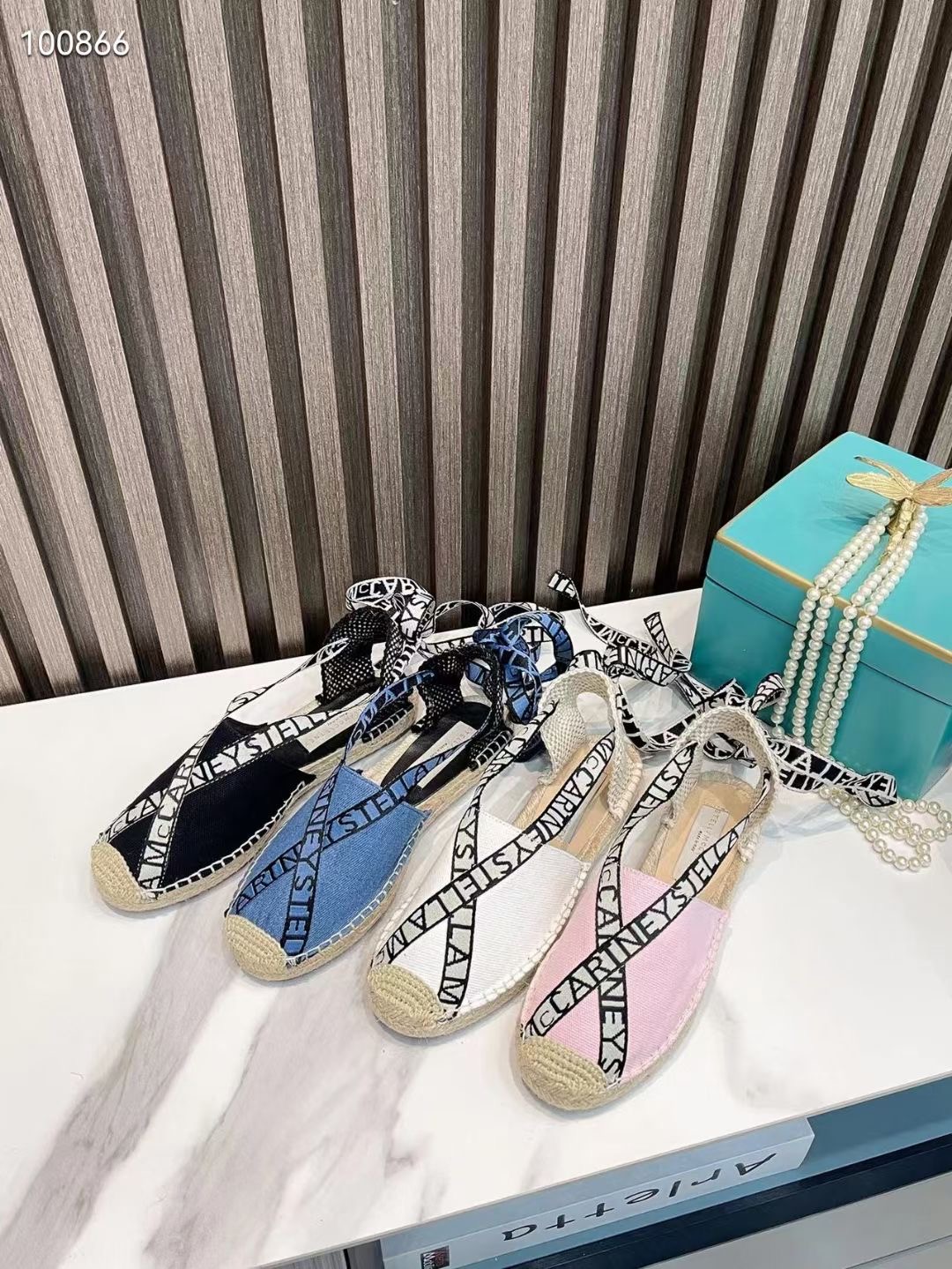 

Stella Mccartney Sandals Women Straw Flat Heel Denim Upper Genuine Leather Lining Summer Fashion Casual Fisherman Shoes, Blue