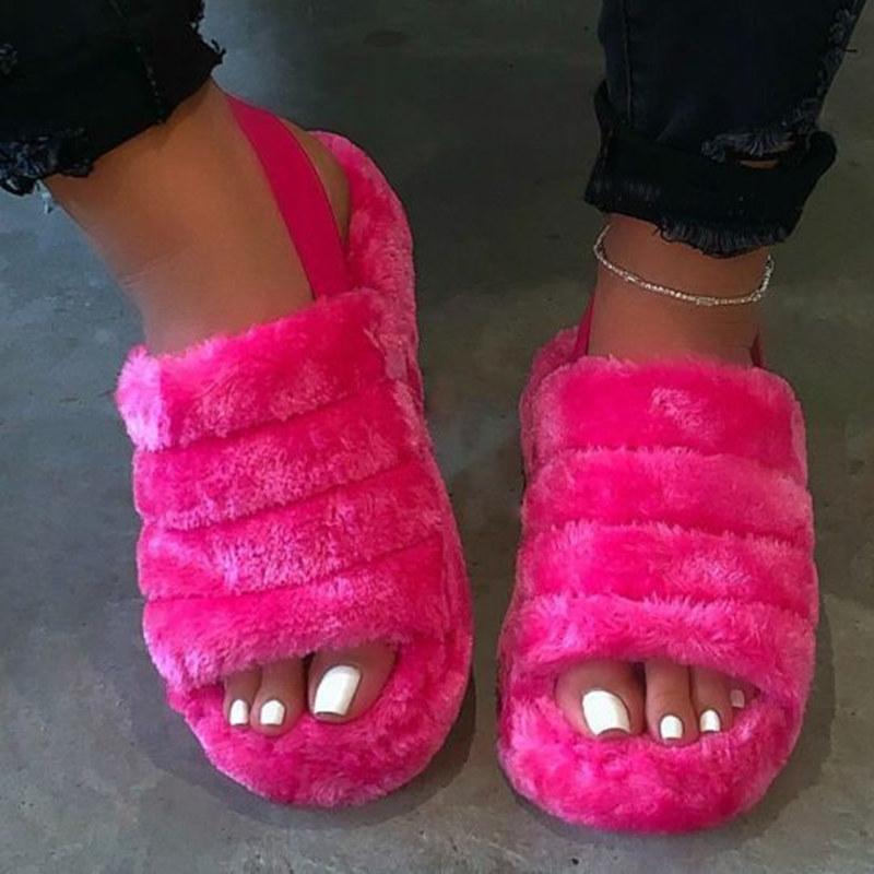 

Sandals Summer Women Fur Sandlas Fashion Chunky Wedge Heel Slipper Lady Outdoor Comfortable Big Size 35-43
