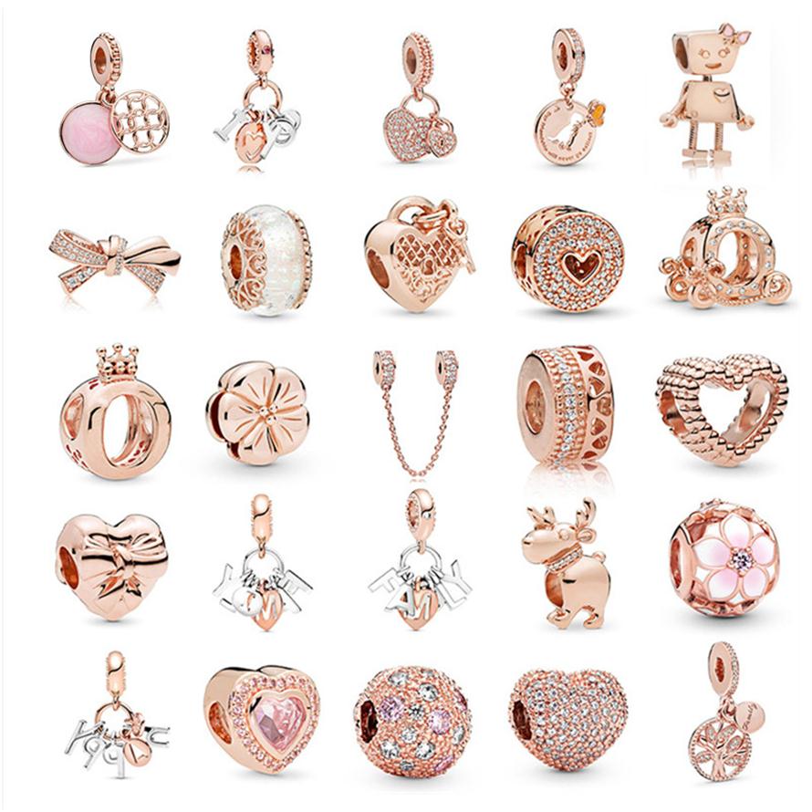 

Rose Gold Series Beaded Bow Heart-Shaped Beads Fit Original Charms Pandora Silver 925 Bracelet Bead DIY Women Jewelry251j