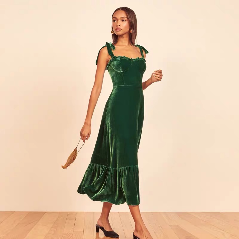 

Blue Velvet Deep V Ruffle Sleeve Midi Dress Boho Chic Reformation Style Maura, Green