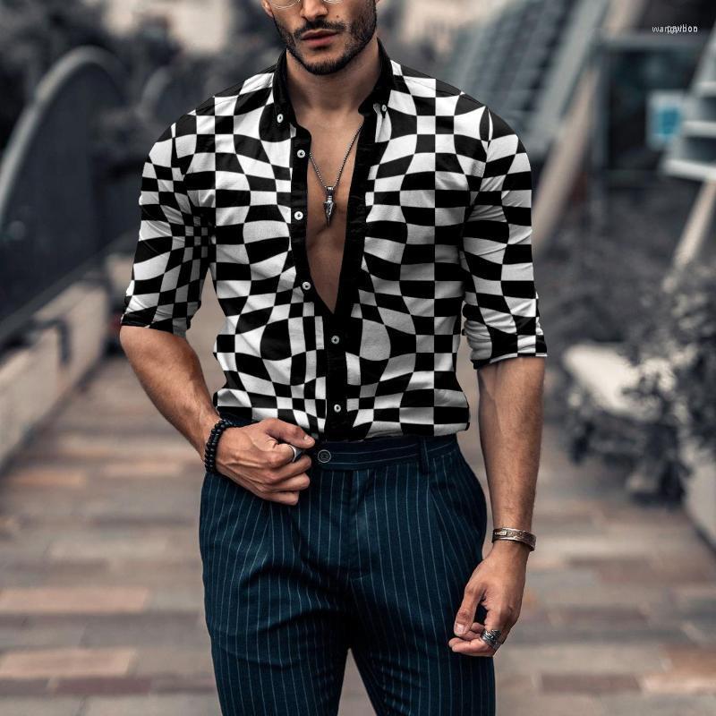 

Men's Casual Shirts Checkerboard Grade 3d Printed Long -sleeved Shirt Men's Summer Hip -hop Style Trendy Loose Lapel CardiganMen's, Ttb39-239