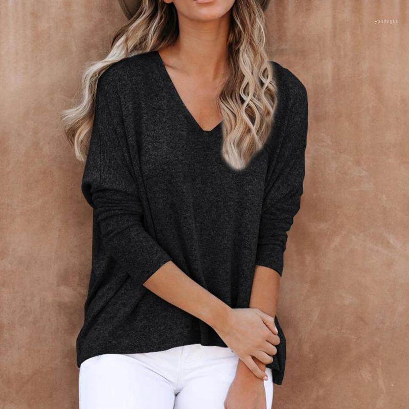 

Women' Blouses & Shirts Simple Fashion Breathable Pullover Women Blouse Loose Deep V Neck T-Shirt Casual Solid Color Long Sleeve For Daily, Khaki