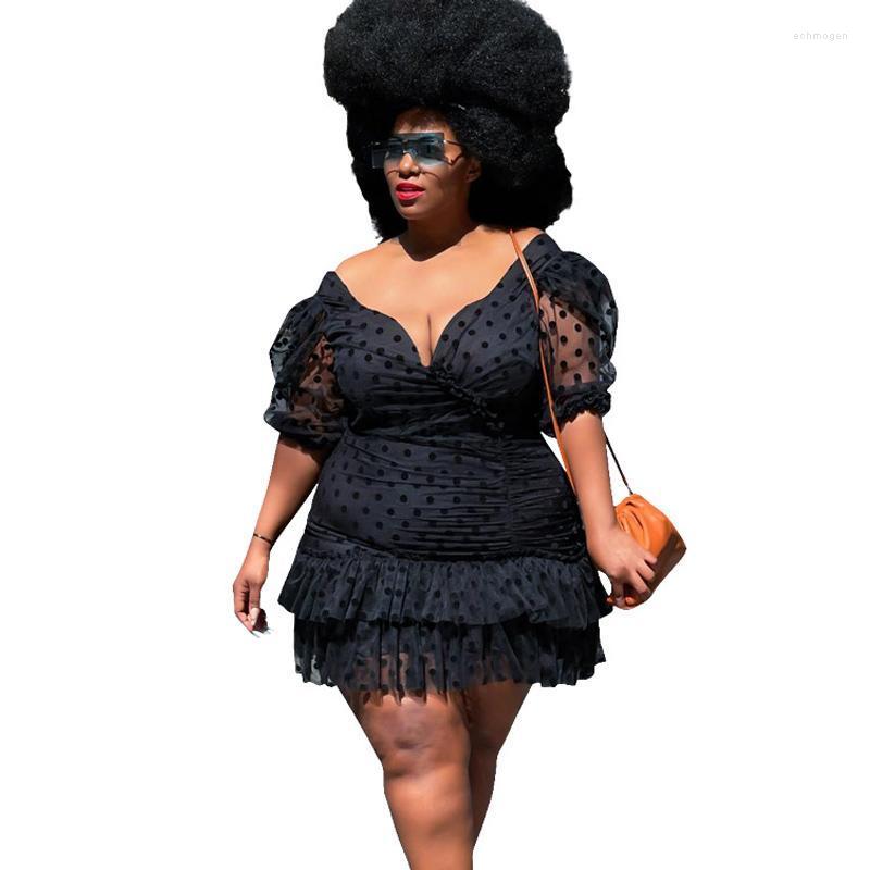 

Plus Size Dresses Summer Sexy V-neck Black Polka Dot Mesh Woman Dress -5XL Ladies Elegant Ruffles Night Club Party Clothing Echm22
