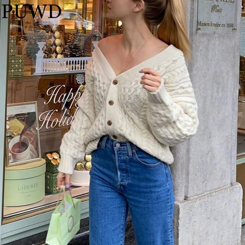 

Women's Knits & Tees PUWD Casual Women Knitted V Neck Wool Sweater Button Loose 2022 Spring Fashion Ladies Cardigan Female Chic Knitwear, White