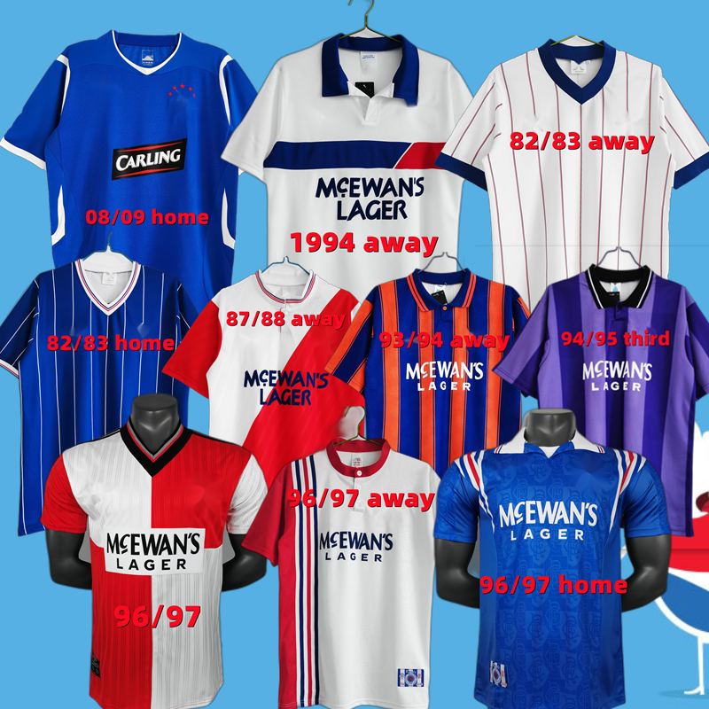 

1982 83 87 88 89 93 94 96 97 2008 2009 Retro soccer jerseys Glasgow Rangers blue away white GASCOIGNE Soccer Shirts McCOIST vintage football Uniforms, 08/09 home