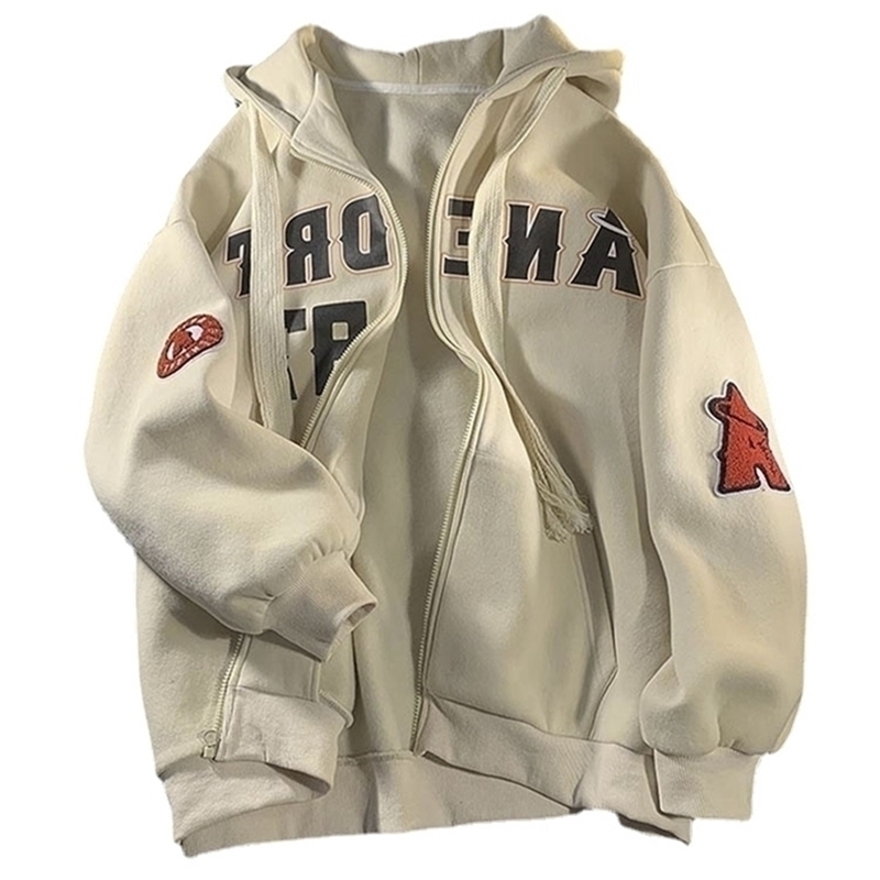 Vintage Lettre Imprimer Zip Up Sweat à capuche Femmes Veste de broderie Sweat-shirt surdimensionné Casual Teens Vêtements Hip Hop Sweats à capuch