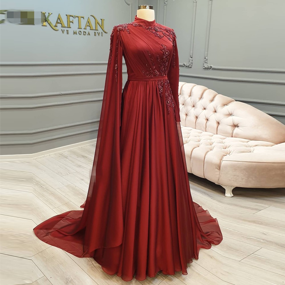 

Dubai Kaftan Arabic Long Sleeves Formal Dress high neck 2021 Beading Flowers lace Chiffon Burgundy Muslim Evening Gowns Abiye Gece Elbisesi, Customize