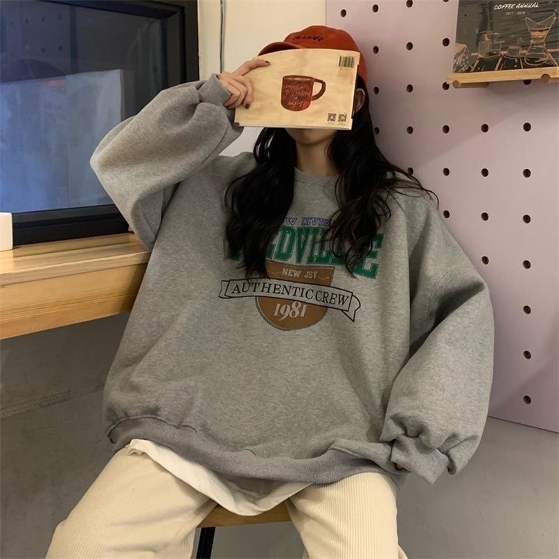 

Autumn Women Loosed Hoodies Harajuku Letter Print Drawstring Sweatshirt Winter Fleece Warm BF Unisex Vintage 1981 Pullover 220813, Gray
