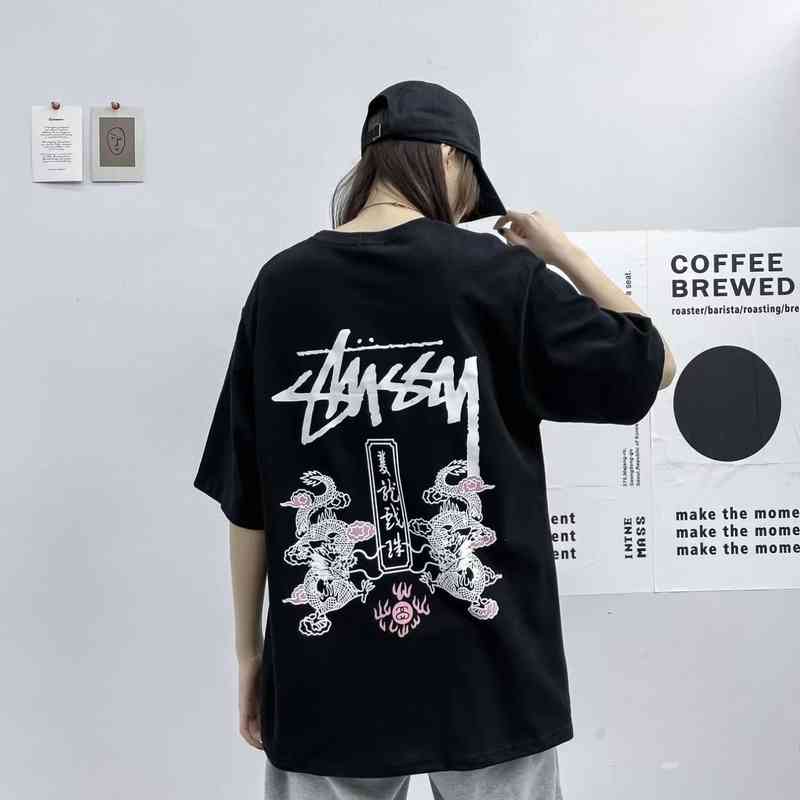 

Stusyss 2022 Summer New Double Dragon Beading Printed Round Neck Short Couple Versatile Top