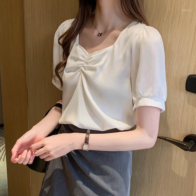 

Women' Blouses & Shirts COIGARSAM Short Blouse Women Summer Lantern Sleeve Square Collar Blusas Womens Tops And White Lake Blue 515