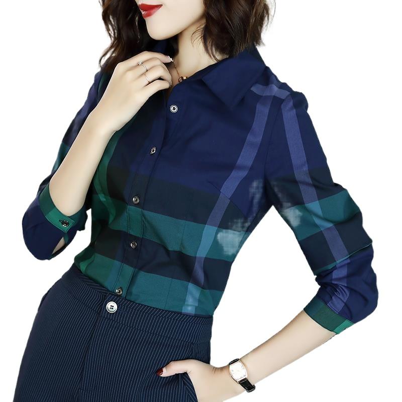 

Women' Blouses & Shirts 2022 Blouse Spring Temperament Slim Slimming Cotton Fashion Top Blue-green Plaid