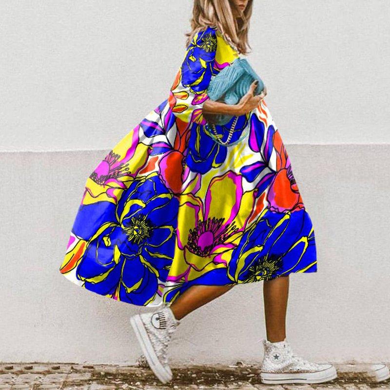 

Casual Dresses Vacation Half Sleeve Woman Dress Beach Loose Floral Printed Summer Women Round Neck A-Line DressCasual, White
