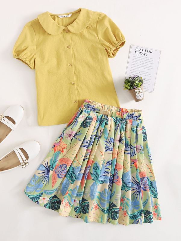 

Girls Peter Pan Collar Blouse & Tropical Print Skirt Set SHE, Multicolor