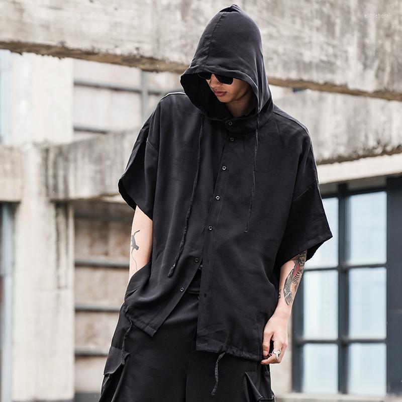 

Men's Casual Shirts Men Summer Short Sleeve Loose Hooded Shirt Male Japan Streetwear Fashion Hip Hop Gothic Black CoatMen's Eldd22, Y045