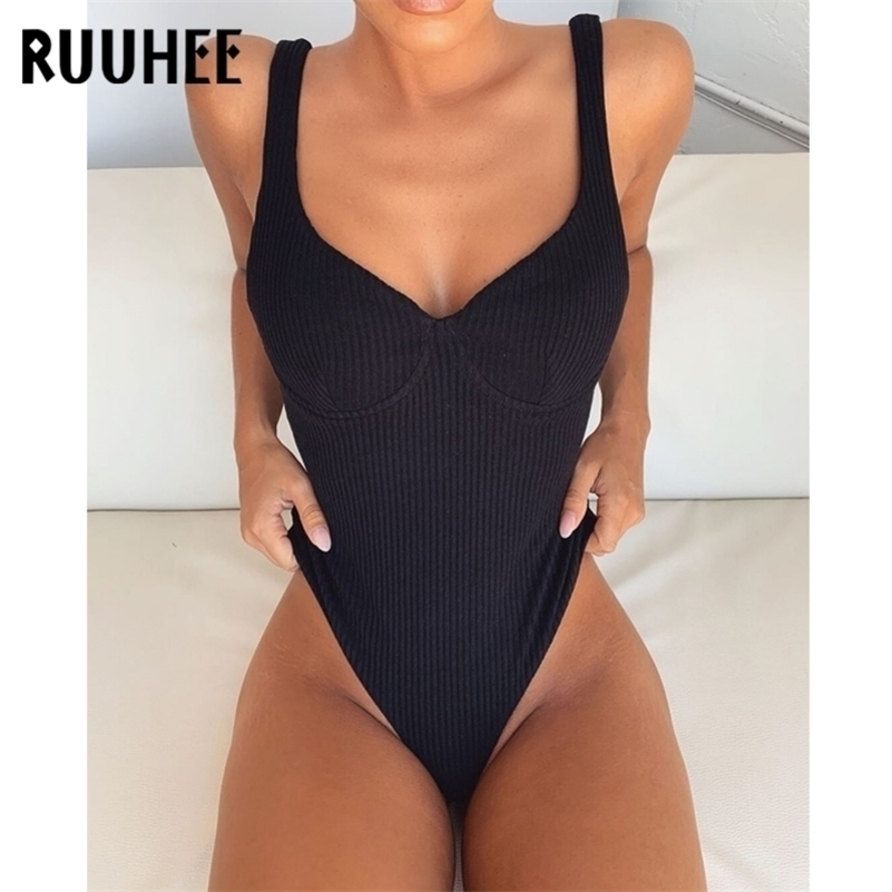 

RUUHEE Swimsuit Swimwear Women Backless Bodysuit Solid High Cut Bathing Suit Female Bikinis Summer Beach Wear Y200824, B3768bk